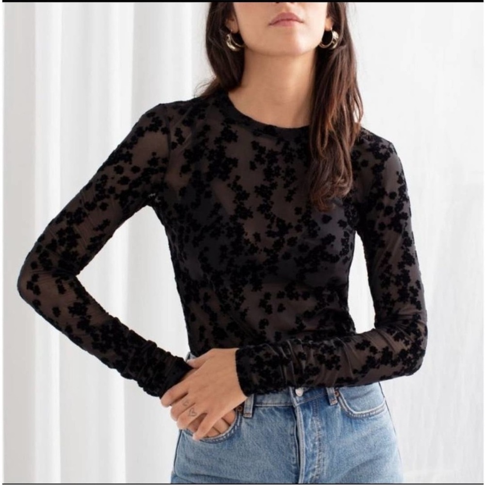 & Other Stories Black Floral Jacquard Mesh Top Size 4